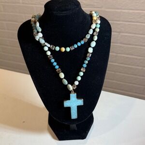 Beaded Cross Necklace Women's‎ Turquoise Gemstone Gold Accent Layered Boho